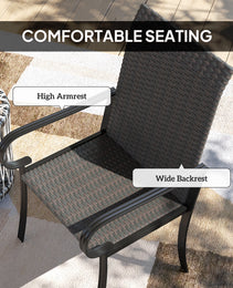 Set Of 4 Outdoor Wicker Dining Chairs With Armrest, Steel Frame, Highback And Deep Seating, Brown