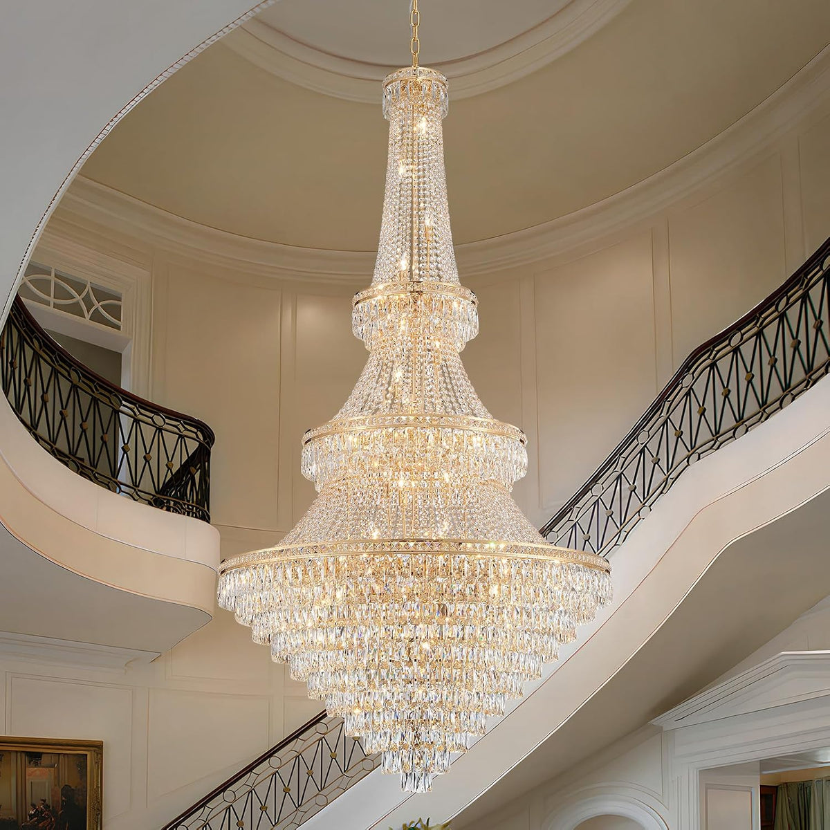 Extra Large High Ceiling Chandelier, Gold Modern Crystal Chandeliers Luxury Foyer Entrance Chandeliers for Staircase Villa Lobby Living Room, K9 Crystal Raindrop Light Fixture H91” X W47”