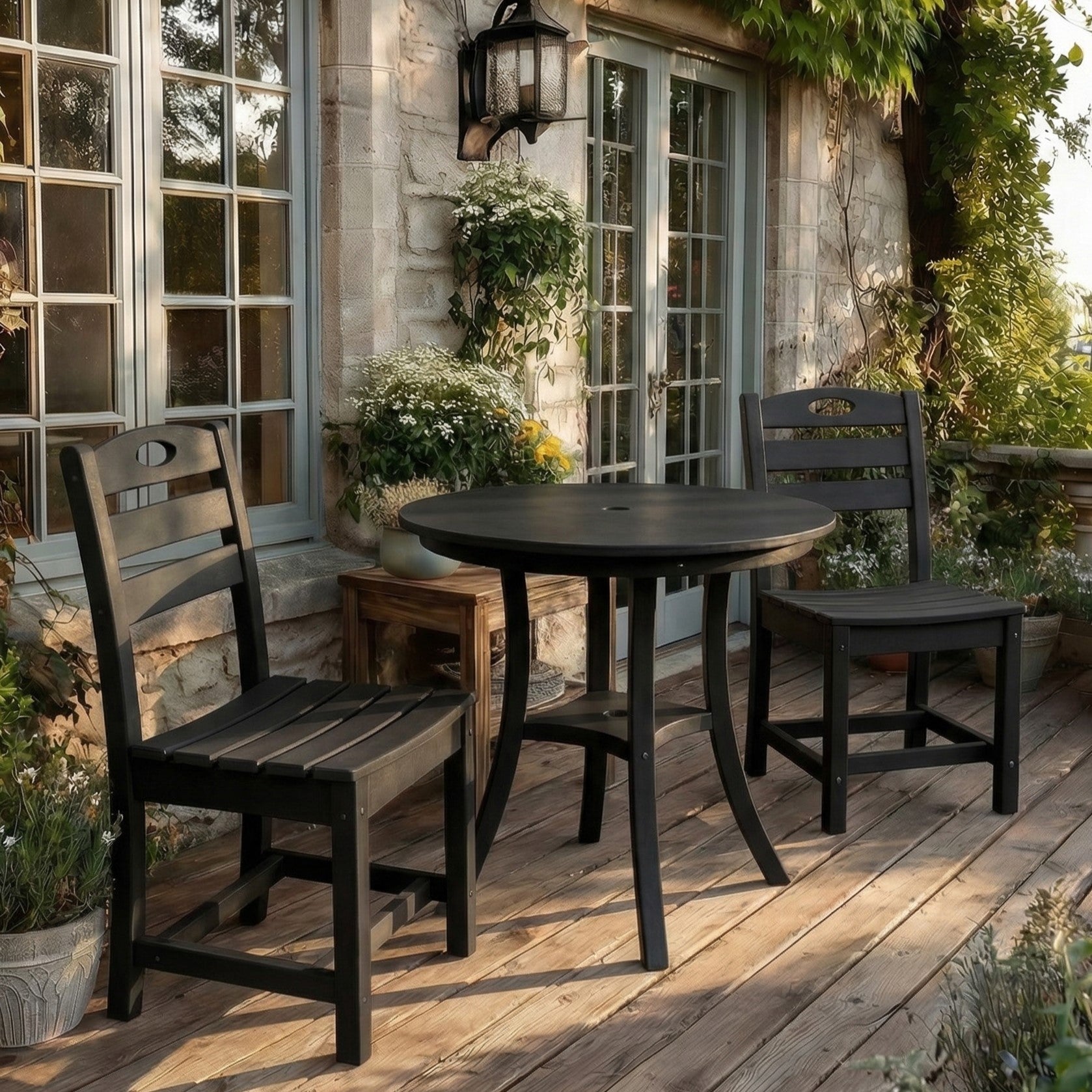 Black 3-Piece HDPE Outdoor Patio Bistro Set With Round Table And 2 Chairs