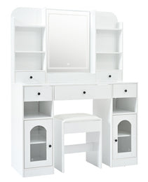 43.2 Vanity Desk With LED Mirror And Lights, Glass Top Vanity With RGB Glass Light Cabinets, Dressing Table With 5 Drawers ,Storage Shelves And Stool For Bedroom, White - CJDS