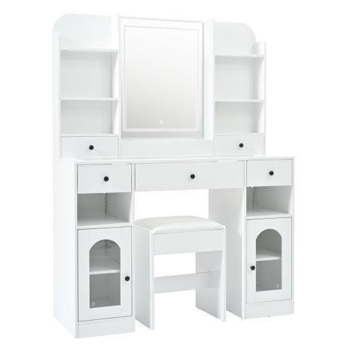 43.2 Vanity Desk With LED Mirror And Lights, Glass Top Vanity With RGB Glass Light Cabinets, Dressing Table With 5 Drawers ,Storage Shelves And Stool For Bedroom, White - CJDS