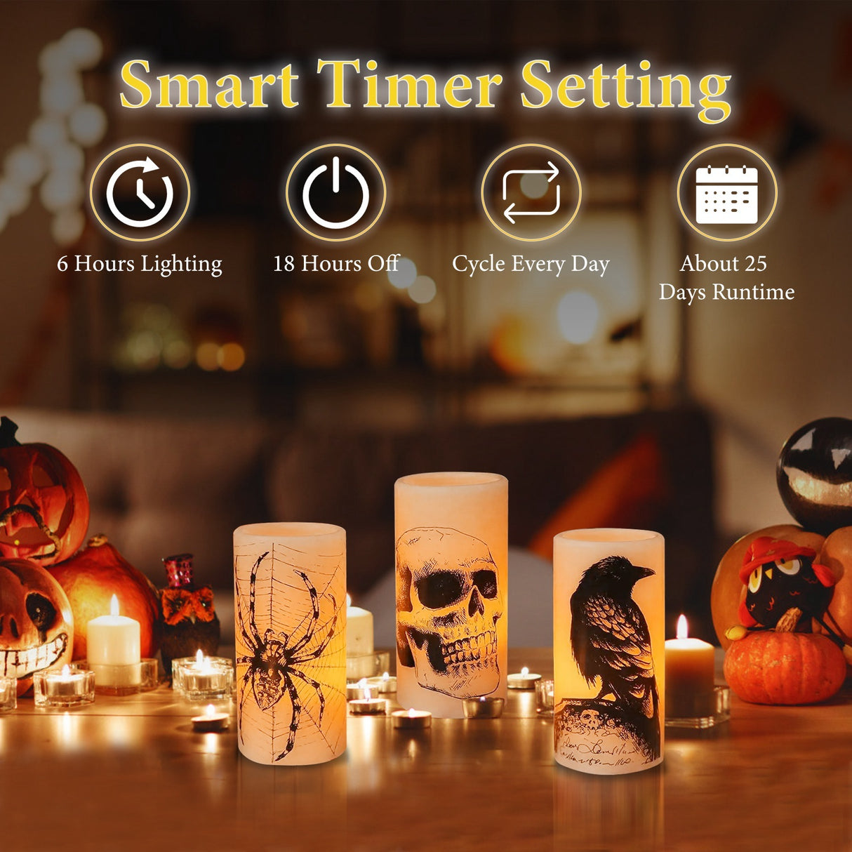 3 Pack Halloween Flameless Candle Lamp With Timer Setting Battery Operated Warm Orange Light Candles For Halloween Party Decoration - CJDS - FC