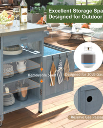 K&K 40.5  Outdoor Grill Cart With Stainless Steel Top, Solid Wood Outdoor Storage Cabinet With Drop Leaf, One Drawer, Towel Rack, Rolling Kitchen Cart With Lockable Wheels For Lawn Garden, Blue Grey