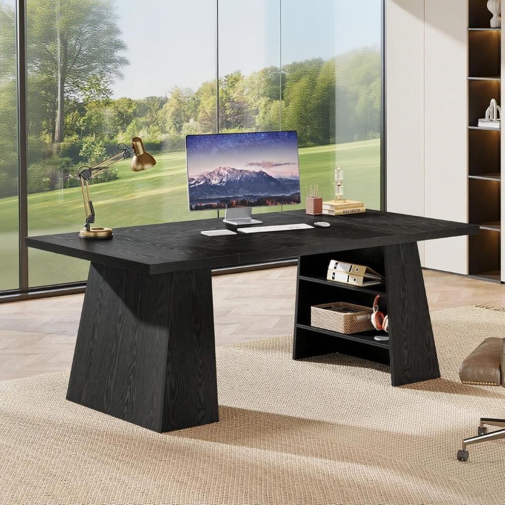 63-Inch Executive Desk, Modern Large Office Computer Desk With Double Pedestal And Storage Shelves, Simple Writing Conference Table