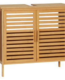 Freestanding Bathroom Sink Cabinet, Bamboo Under Sink Cabinet Cupboard Organizer with 2 Slatted Doors, Natural