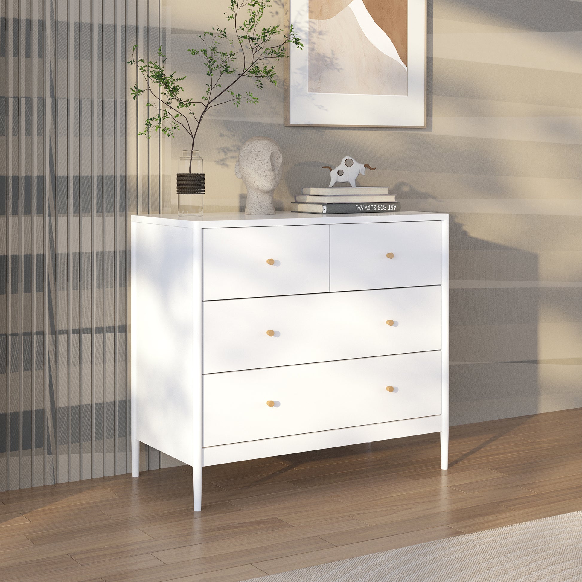 White 4-Drawer Kids Dresser, Wooden Storage Cabinet For Toddler Bedroom, Nursery, Closet, Baby Nightstand Organizer For Living Room Or Apartment, 35.4  Wide