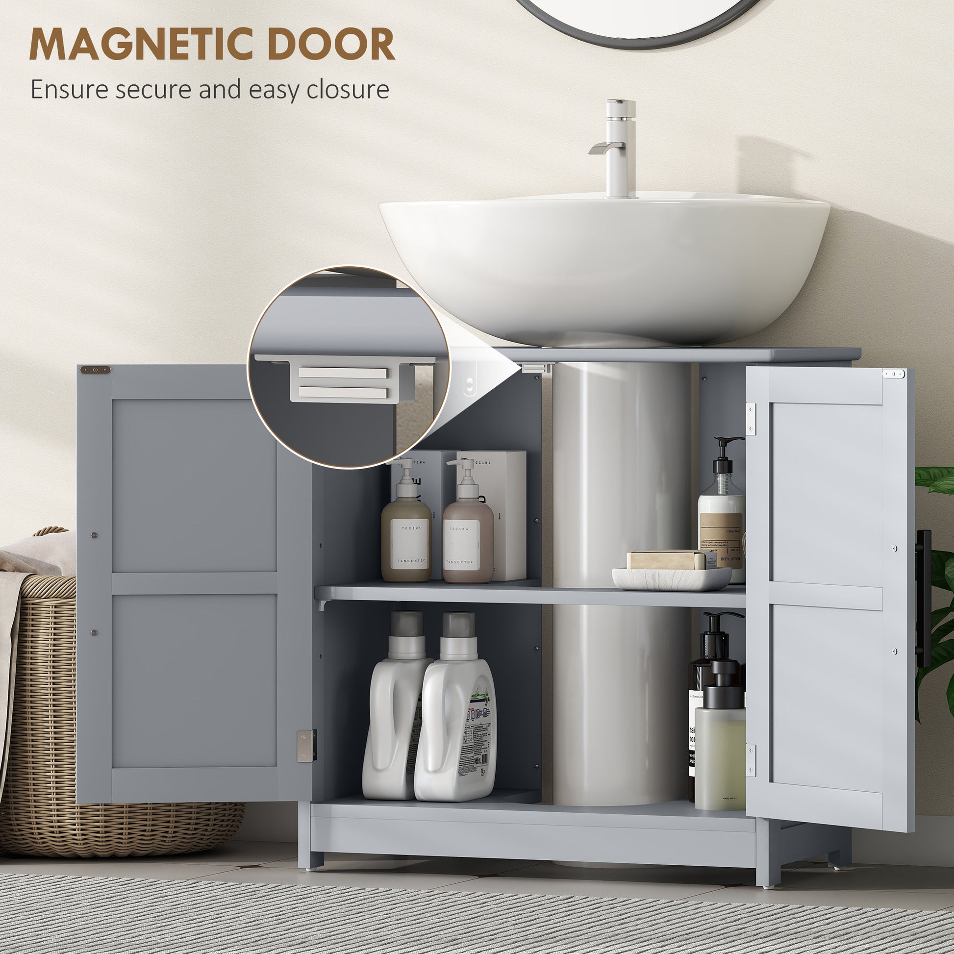 Farmhouse Pedestal Sink Storage Cabinet, Bathroom Sink Cabinet with 2 Barn Doors and Adjustable Shelf, Dark Gray