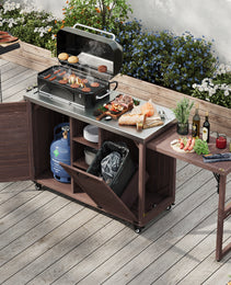 K&K 78.3  Outdoor Kitchen Island With Foldable Grill Table, Wooden Outdoor Grill Cart With Trash Can Storage & Stainless Steel Top, Outdoor Bar Cart, Pizza Oven Table For Lawn & Garden, Dark Brown