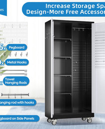 Broom Closet Storage Cabinet With Wheels And Pegboard,Metal Garage Storage Cabinet With Lockable And Magnetic Doors,Adjustable Shelves For Garage Home Office,Required Assembly,Black And White