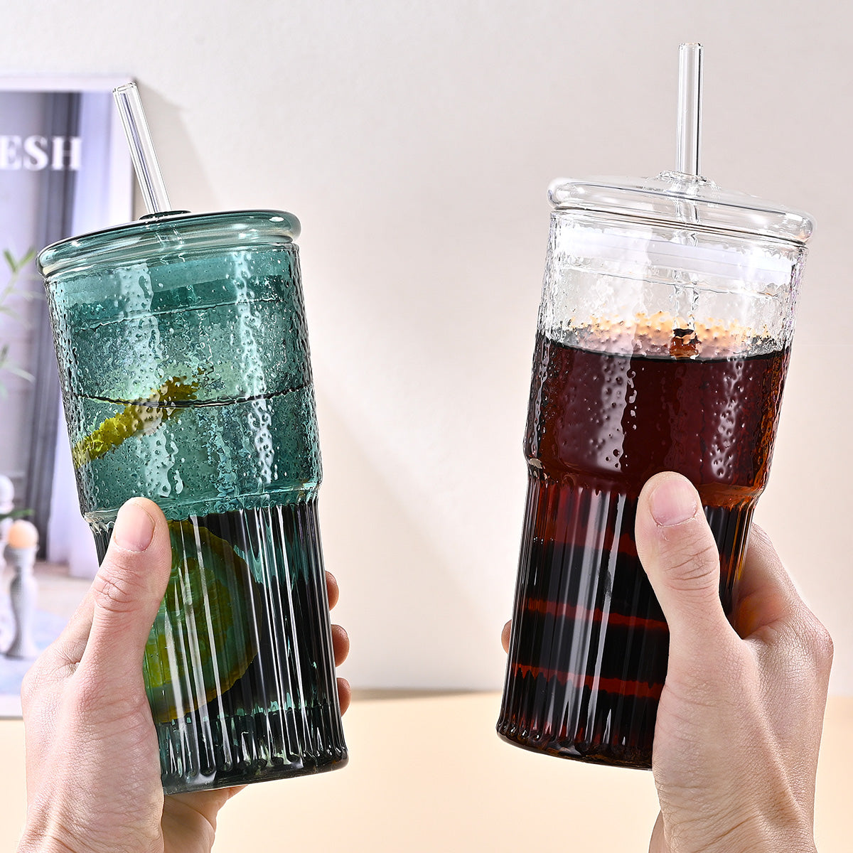 20 Oz 2-pack Purple Glass Straw Cup With Vertical Pattern Cup And Lid, High Borosilicate Heat-resistant Glass Cup For Juice, Milk And Cold Drinks
