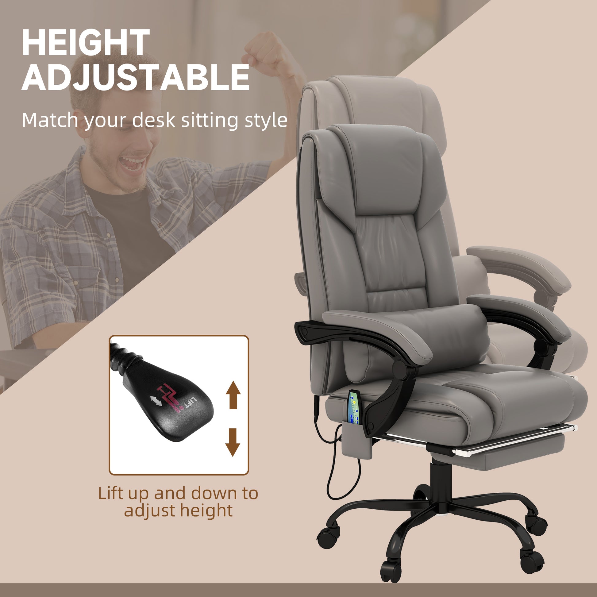 Massage Office Chair With 6 Vibrating Points, High Back Reclining Office Chair With Footrest And Remote, Gray