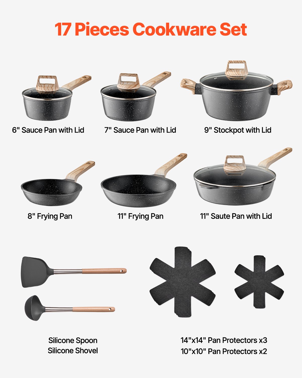 17 Piece Pots And Pans Set Granite Nonstick Kitchen Cookware Induction Black
