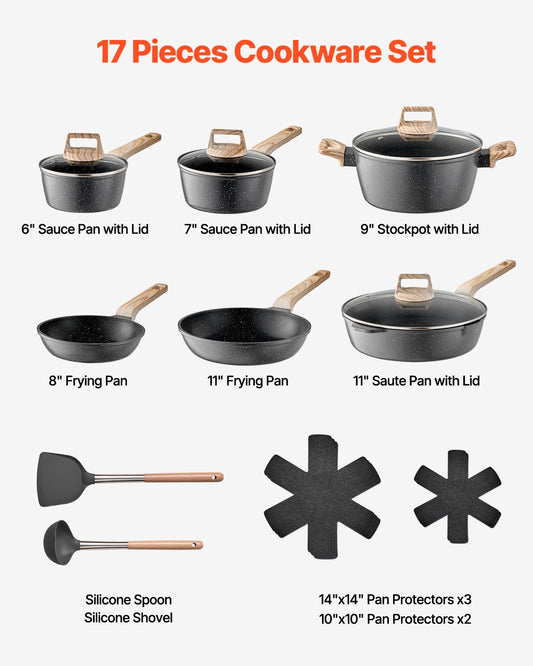 17 Piece Pots And Pans Set Granite Nonstick Kitchen Cookware Induction Black