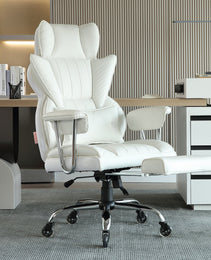Reclining Office Chair With Footrest, Heavy Duty PU Leather Wide Office Chair, Big And Tall Executive Office Chairs With Lumbar Support, Strong Metal Base Quiet Wheels, White