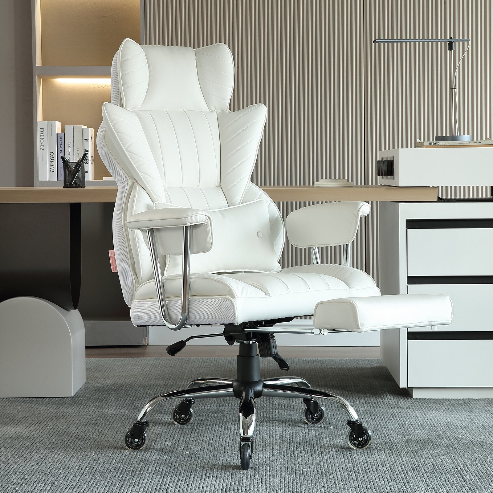 Reclining Office Chair With Footrest, Heavy Duty PU Leather Wide Office Chair, Big And Tall Executive Office Chairs With Lumbar Support, Strong Metal Base Quiet Wheels, White