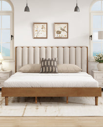 King Size Wood Bed With Piano Key Style Upholstered Headboard , Wood Bed With Strengthened Bed Frame ,Wheat