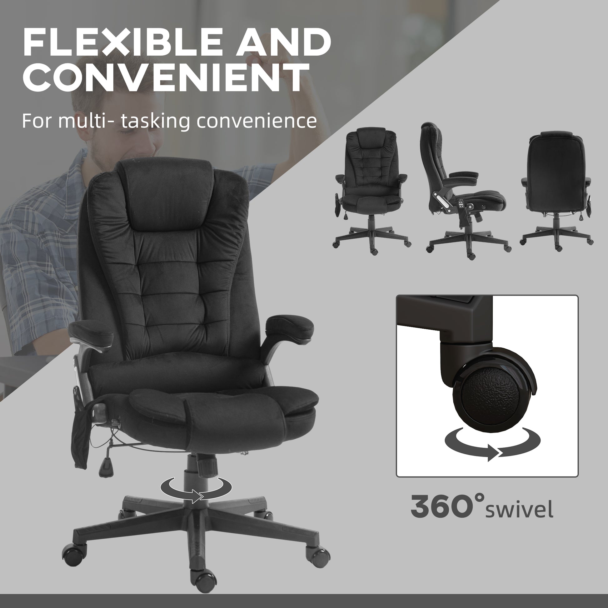6 Point Executive Office Chair with Heat, Velvet High Back Vibrating Massage Office Chair, Black