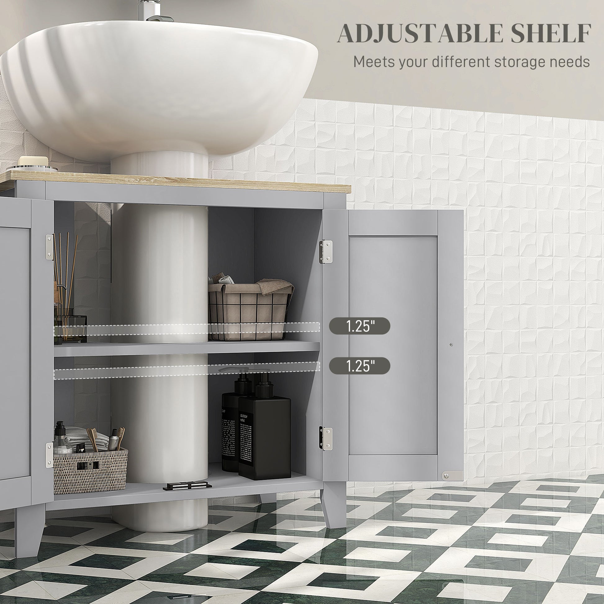 Bathroom Vanities, Pedestal Sink Cabinet with U-Shaped Cut-out and Adjustable Shelf, Gray