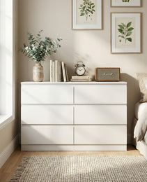 6 Drawer White Dresser, Modern Dresser For Bedroom With Spacious Countertop, Wood Storage Cabinet With Concealed Handles & 6 Deep Drawers For Bedroom, Living Room, Entryway, 15.7D X 47.2W X 30.9