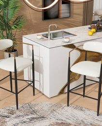 Barstools Set Of 2, Counter Height Upholstered Bar Stools With Back For Kitchen Island, Beige Faux PU Leather Seating Black Iron Legs 260LBS Weight Capacity