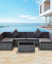 7-Piece Patio Furniture Set, Outdoor Wicker Conversation Set, All Weather PE Rattan Sectional Sofa Set with Cushions and Tempered Glass Top Coffee Table, Pillows, Gray