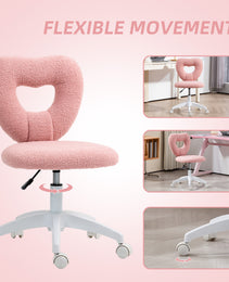 Armless Computer Desk Chair, Office Task Chair, Teddy Fleece Heart Makeup Vanity Chair with Swivel Wheels, Pink