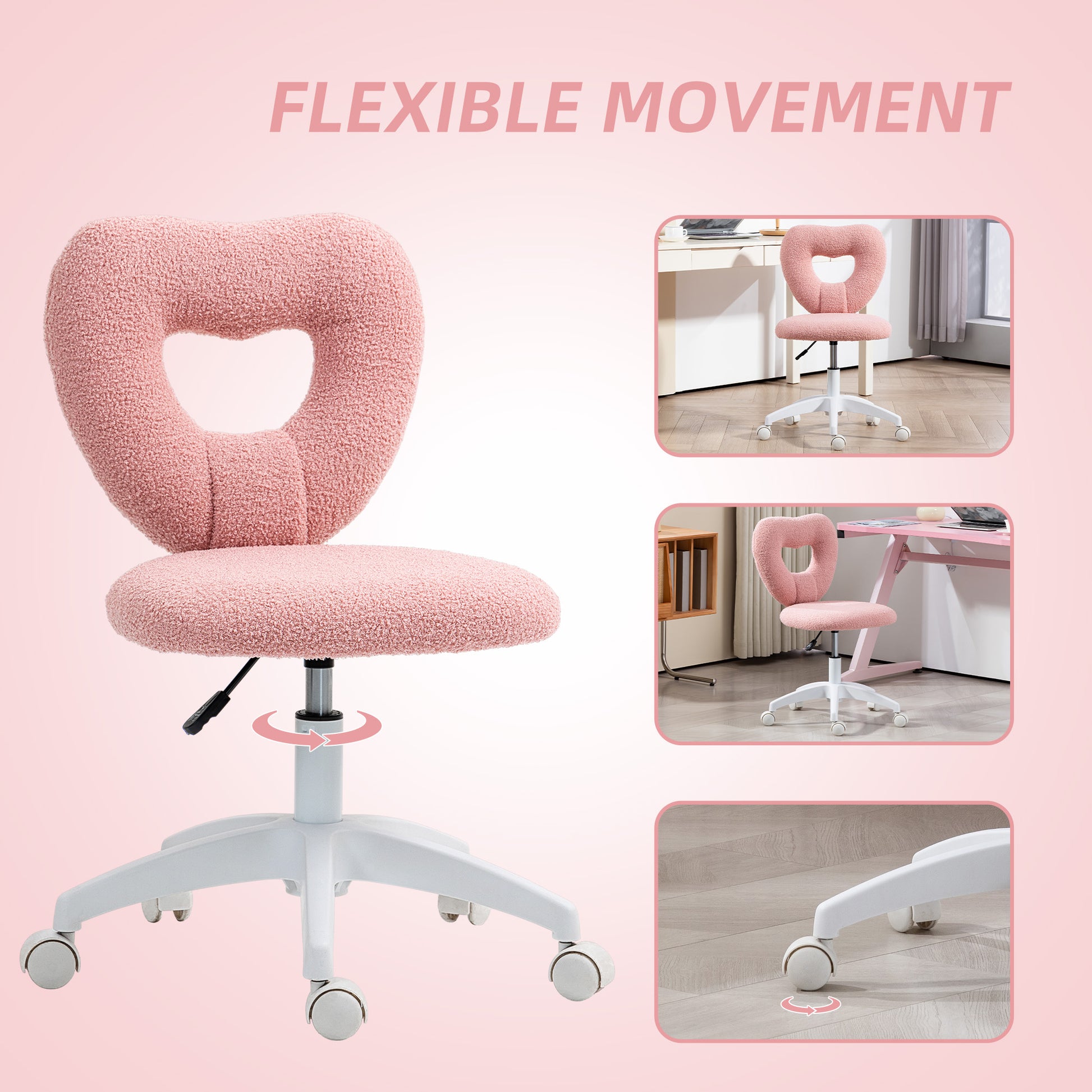 Armless Computer Desk Chair, Office Task Chair, Teddy Fleece Heart Makeup Vanity Chair with Swivel Wheels, Pink