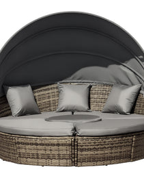 4-Piece Round Convertible Daybed with Cushions, Outdoor PE Rattan Patio Wicker Sofa Set, Sunbed with Adjustable Sun Canopy, Sectional Sofa, 2 Chairs, Table, 3 Pillows, Dark Gray