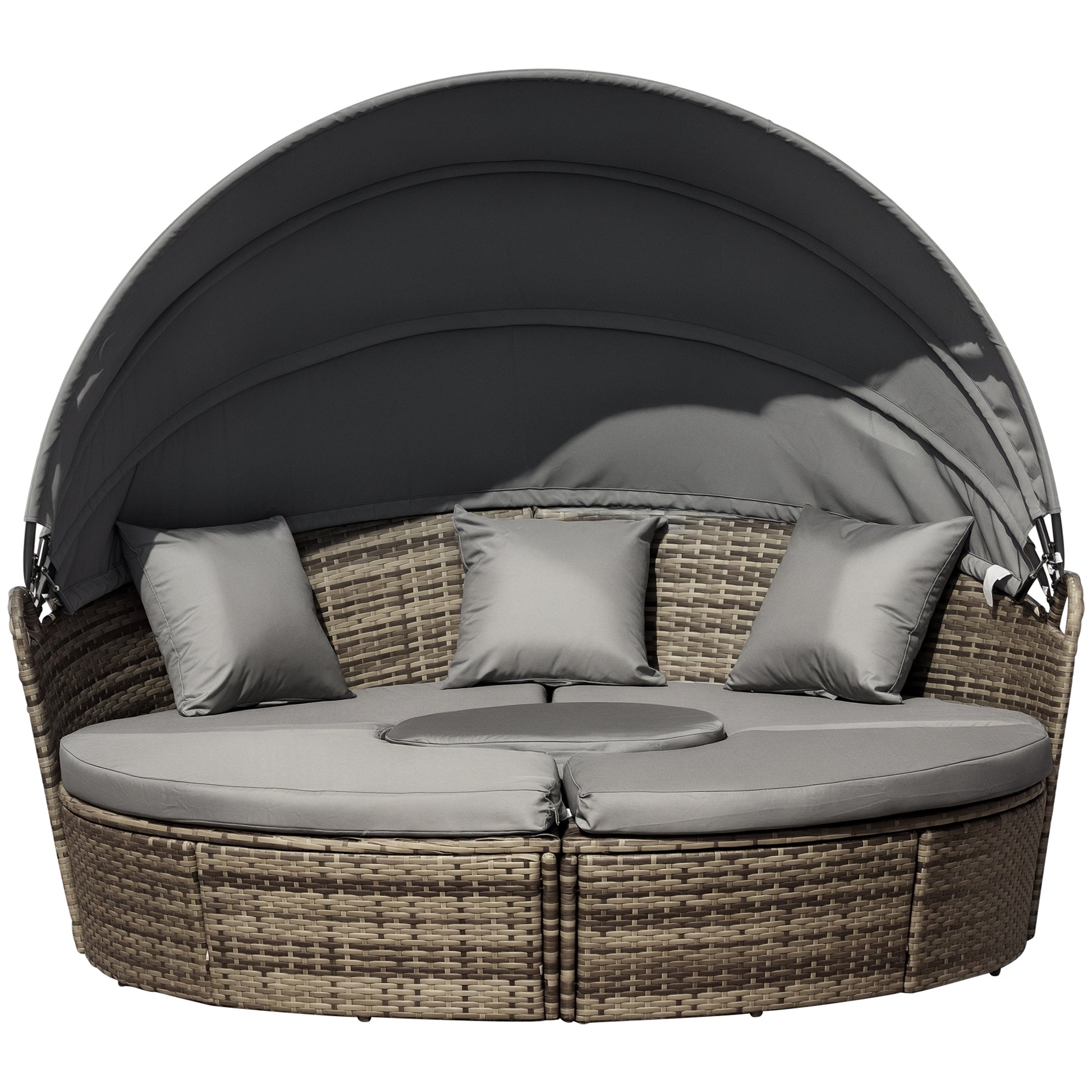 4-Piece Round Convertible Daybed with Cushions, Outdoor PE Rattan Patio Wicker Sofa Set, Sunbed with Adjustable Sun Canopy, Sectional Sofa, 2 Chairs, Table, 3 Pillows, Dark Gray