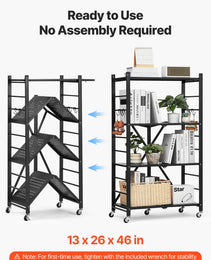 4-Tier Foldable Storage Shelf, 26W X 13D X 46H Inch Folding Metal Rack Shelving Unit, No Assembly Organizer Shelf With 5 Wheels & 4 Hooks For Pantry, Kitchen, Garage, Basement, Black