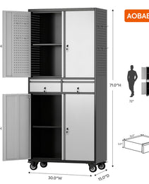 Aobabo Metal Storage Cabinet With Locking Doors And Pegboards, Steel Rolling Tool Storage Cabinet With 2 Drawer And 2 Adjustable Shelves For Garage, Kitchen, Office, Assembly Required, Black Grey