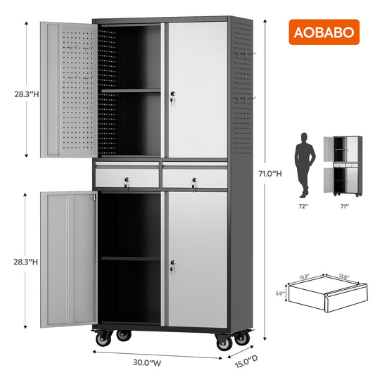 Aobabo Metal Storage Cabinet With Locking Doors And Pegboards, Steel Rolling Tool Storage Cabinet With 2 Drawer And 2 Adjustable Shelves For Garage, Kitchen, Office, Assembly Required, Black Grey