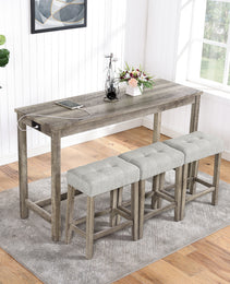 Bar Table Set With Power Outlet, Bar Table And Chairs Set, 4 Piece Dining Table Set, Industrial Breakfast Table Set, For Living Room, Dining Room, Game Room,
