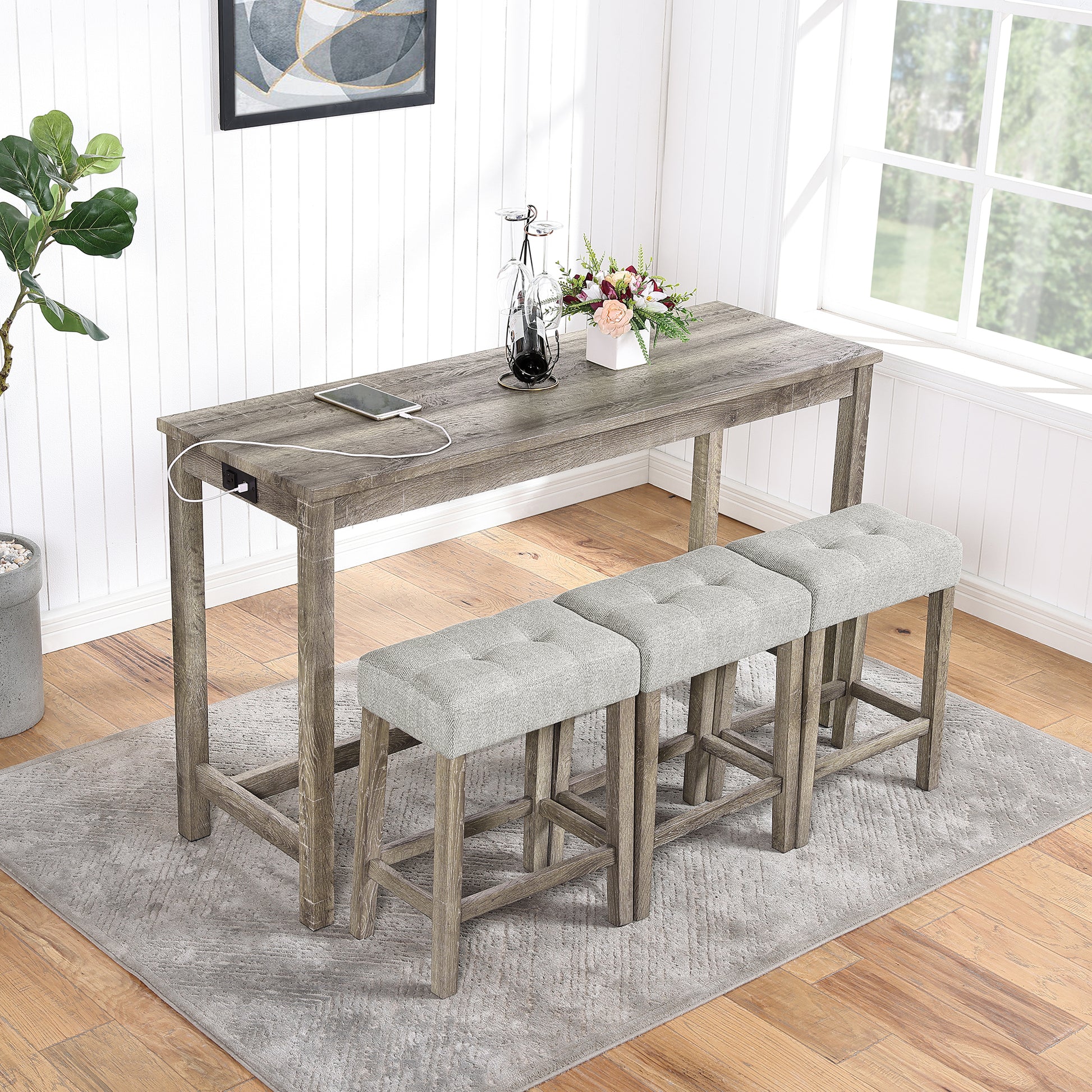 Bar Table Set With Power Outlet, Bar Table And Chairs Set, 4 Piece Dining Table Set, Industrial Breakfast Table Set, For Living Room, Dining Room, Game Room,