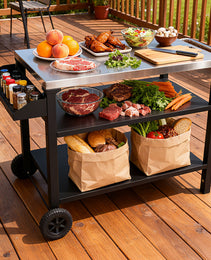 3-Tier Outdoor Grill Cart With Stainless Steel Top & Side Shelf, Movable BBQ Prep Table With Wheels, Rolling Serving Bar Cart For Patio, Backyard, Pizza Oven Stand, Black