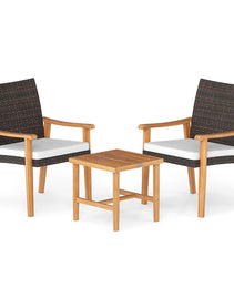 3 Pieces Patio PE Wicker Furniture Set Acacia Wood Outdoor Conversation Bistro Set