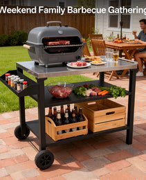3-Tier Outdoor Grill Cart With Stainless Steel Top & Side Shelf, Movable BBQ Prep Table With Wheels, Rolling Serving Bar Cart For Patio, Backyard, Pizza Oven Stand, Black