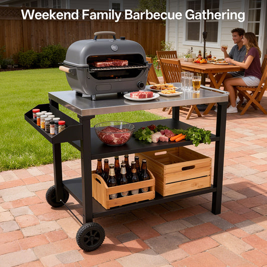 3-Tier Outdoor Grill Cart With Stainless Steel Top & Side Shelf, Movable BBQ Prep Table With Wheels, Rolling Serving Bar Cart For Patio, Backyard, Pizza Oven Stand, Black