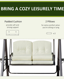 2-Person Patio Swing Bench with Adjustable Shade Canopy, Soft Cushions, Throw Pillows and Tray, Beige.