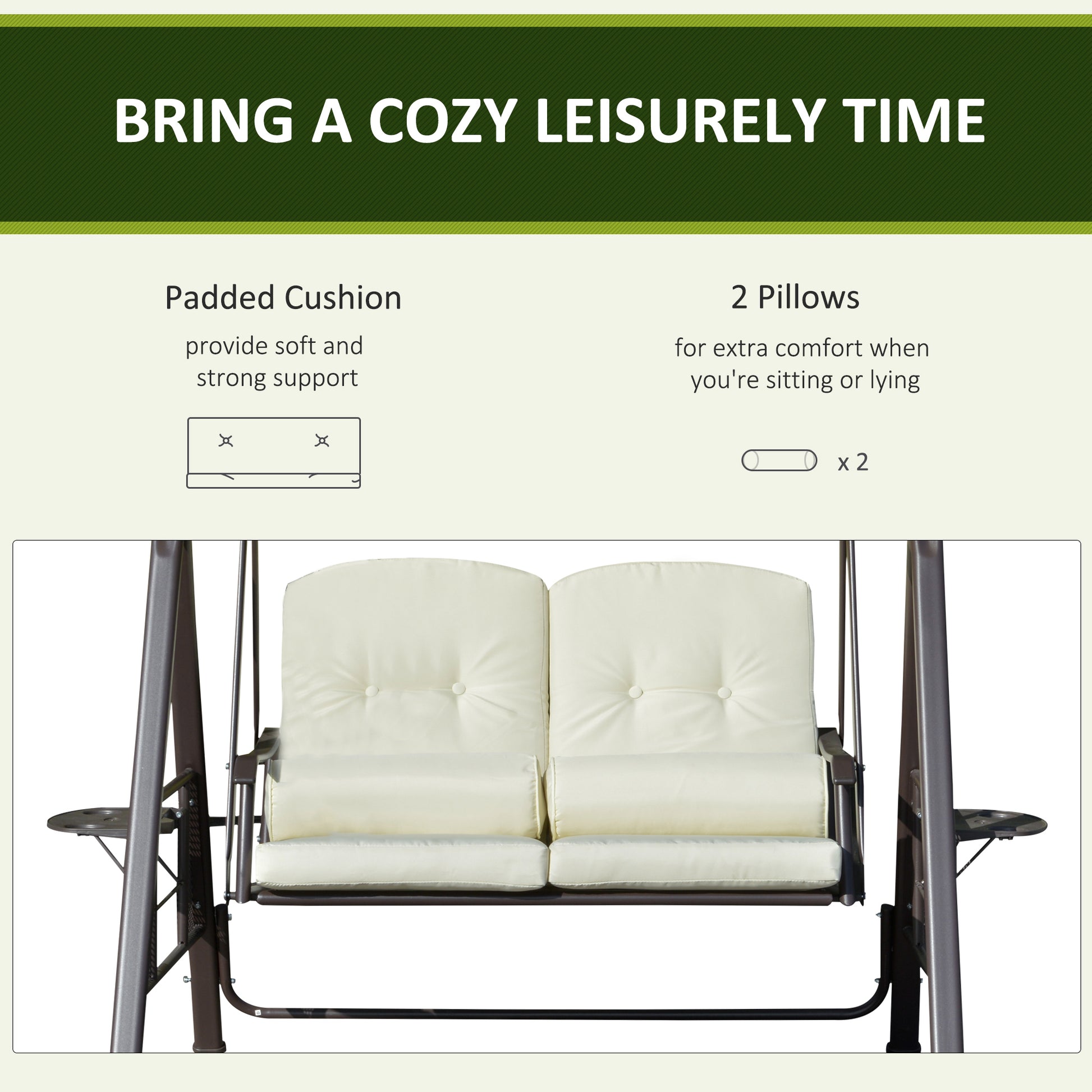 2-Person Patio Swing Bench with Adjustable Shade Canopy, Soft Cushions, Throw Pillows and Tray, Beige.