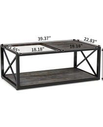 Modern Coffee Table For Bedroom & Living Room, Tempered Glass&Rustic Wood Grain MDF, Industrial Style Coffee Table