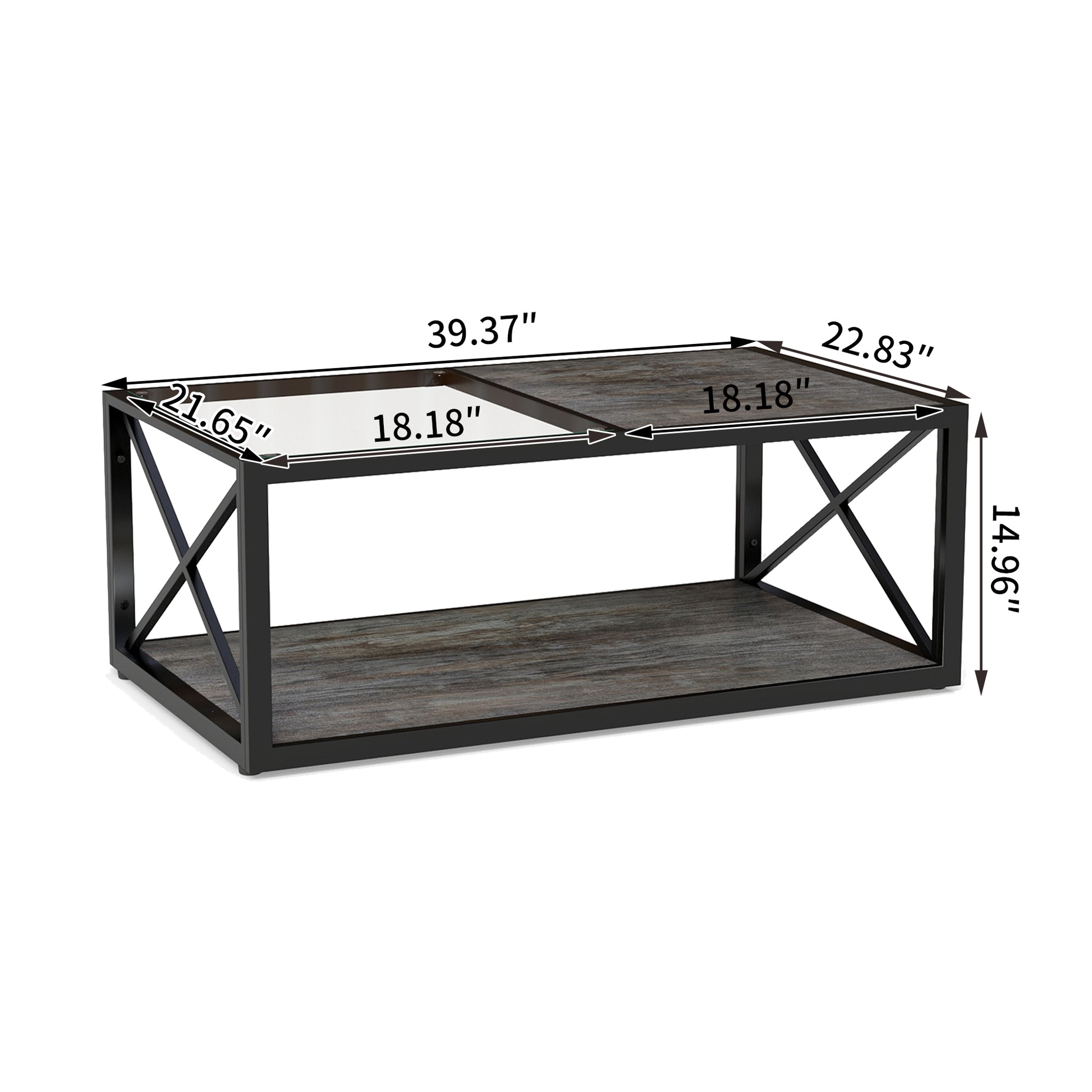 Modern Coffee Table For Bedroom & Living Room, Tempered Glass&Rustic Wood Grain MDF, Industrial Style Coffee Table