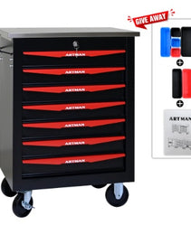 7 Drawers Multifunctional Tool Cart With Wheels,Metal Rolling Tool Cart Storage For Garage Workshop Warehouse Repair Shop--With Stainless Steel Roof- BLACK RED