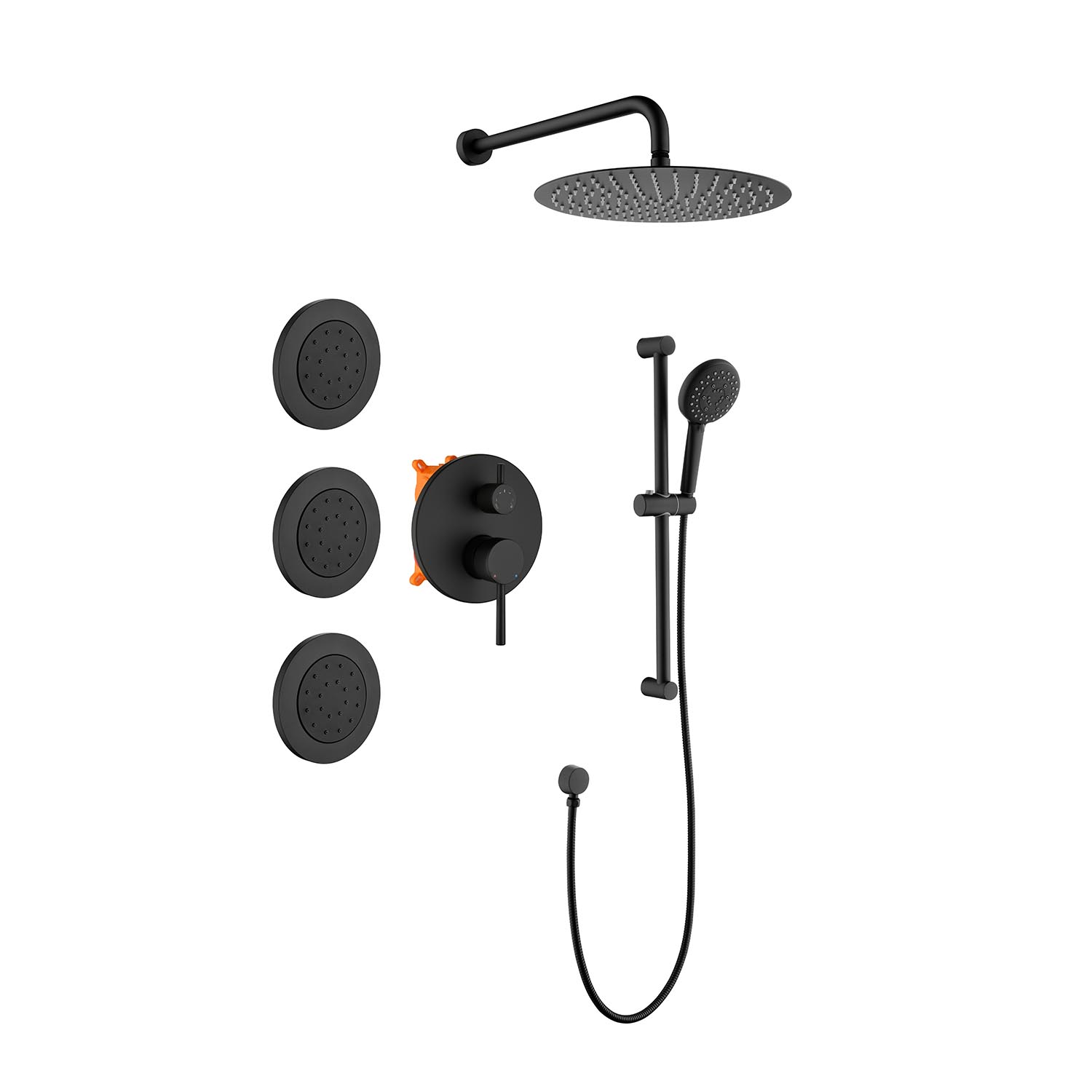 Shower System With Shower Head, Hand Shower, Slide Bar, Bodysprays, Shower Arm, Hose, Valve Trim, And Lever Handles