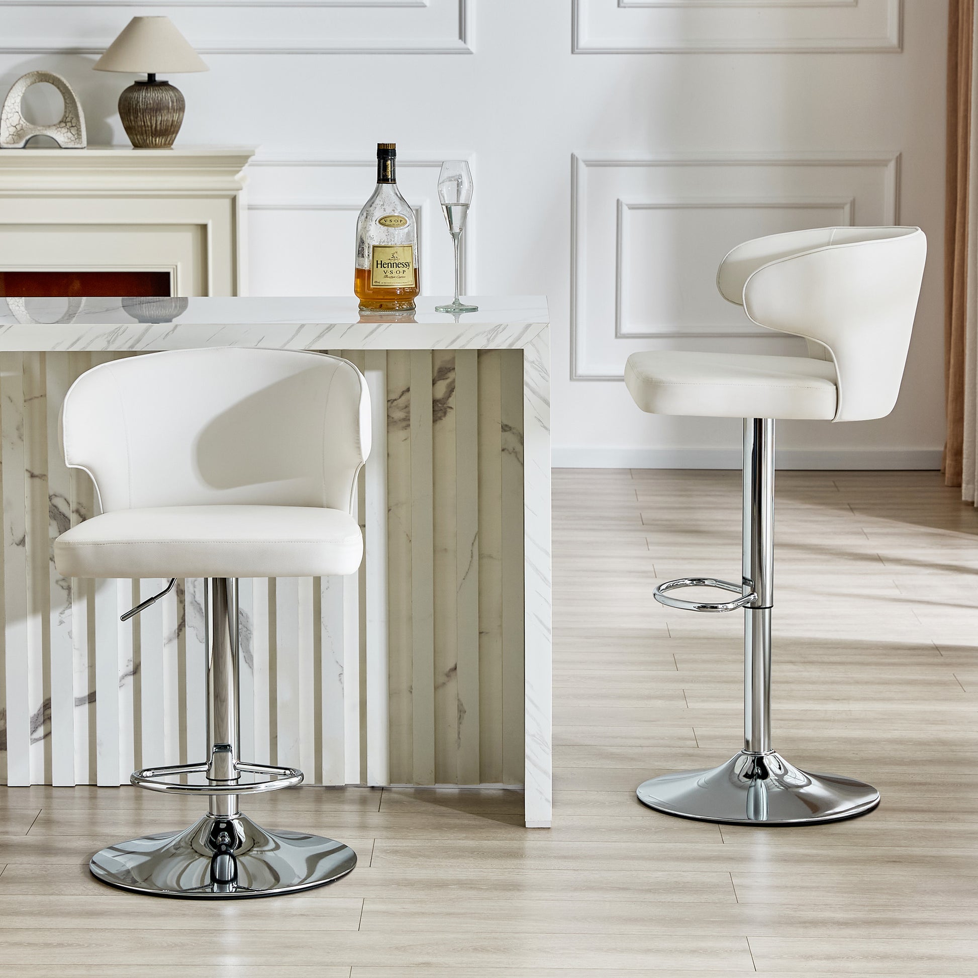 Modern Rotating Adjustable Bar Chair, PU Leather Belt Backrest Swivel Chair, Suitable For Kitchen Bar Counter And Dining Room, Adjustable Height, Capable Of Bearing 300 Pounds  White -2 Pieces