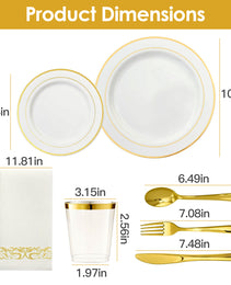 Set Of 175Pcs Disposable Gold Dinnerware Set Gold Rim Plastic Plates Cups Fork Spoon Knife Paper Napkins For Party Wedding Graduation