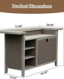 Patio Bar Table, Outdoor Aluminum PE Wicker Bar Cart With Cabinet, All Weather Use Storage Patio Cabinet For Patio Kitchen Or Bar Cart, Wood Grain