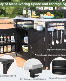 K&K 53.3  Outdoor Kitchen Island With Raised Shelf, Solid Wood Storage Cabinet With Stainless Steel Top, Outdoor Rolling Grill Cart With Internal Storage Rack, Adjustable Shelf, Spice Rack, Black