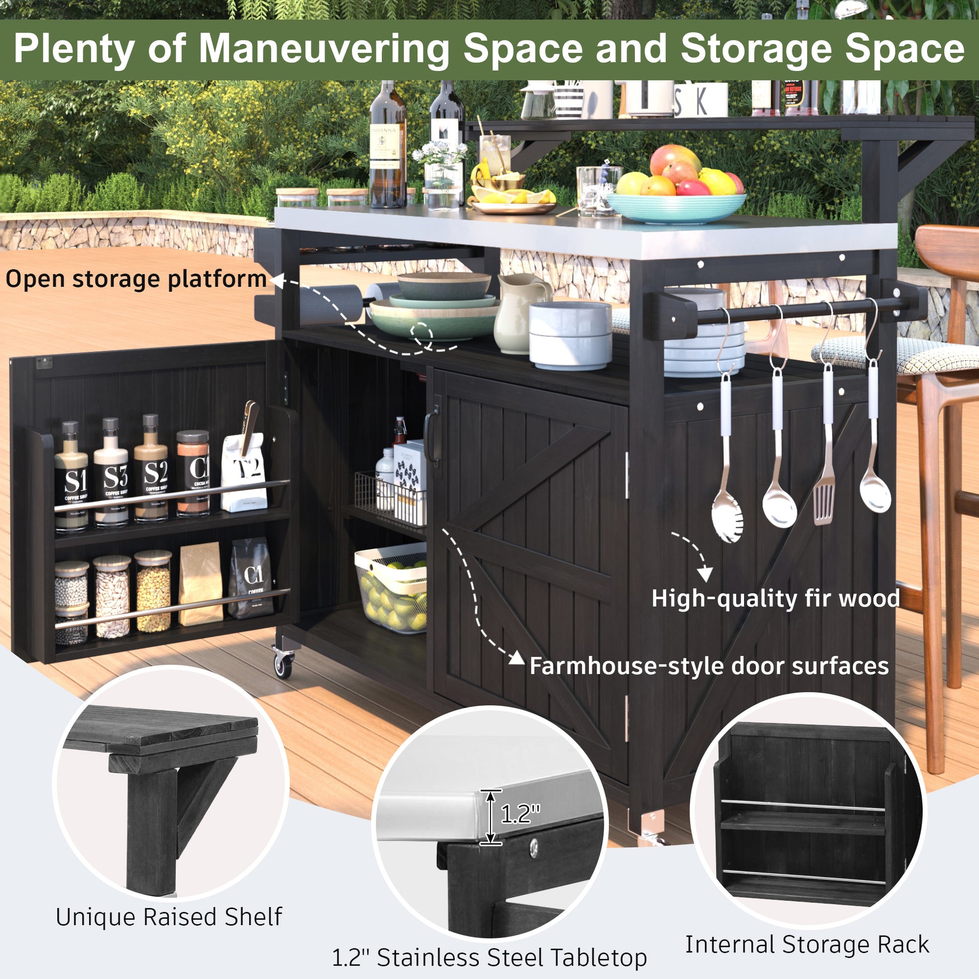 K&K 53.3  Outdoor Kitchen Island With Raised Shelf, Solid Wood Storage Cabinet With Stainless Steel Top, Outdoor Rolling Grill Cart With Internal Storage Rack, Adjustable Shelf, Spice Rack, Black