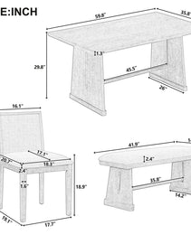 TREXM 6-Piece Rustic Farmhouse Dining Table Set With Wire Brushed Design, Rectangular Dining Table With Trapezoid Legs, 4 Upholstered Linen Chairs & 1 Padded Bench For Dining Room & Kitchen Natural